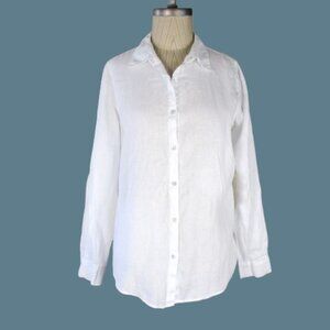 Tahari White Linen Shirt Long Sleeve with Roll-up Tab and Button Size M